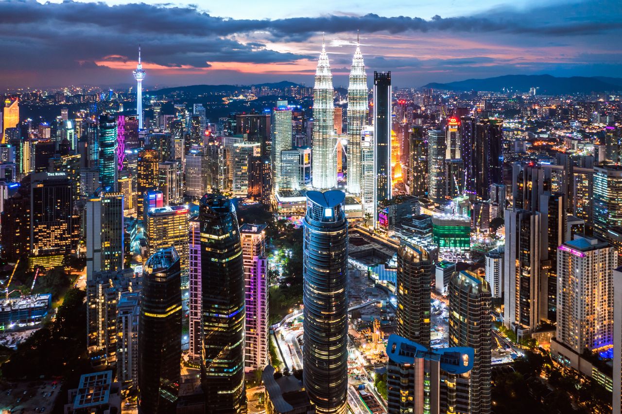 Aerial view of KLCC skyline with Petronas Twin Towers at twilight, Kuala Lumpur, Malaysia